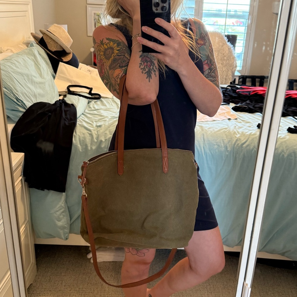 Olive Green Brown Tote Laptop Bag with Vegan Leather Straps
